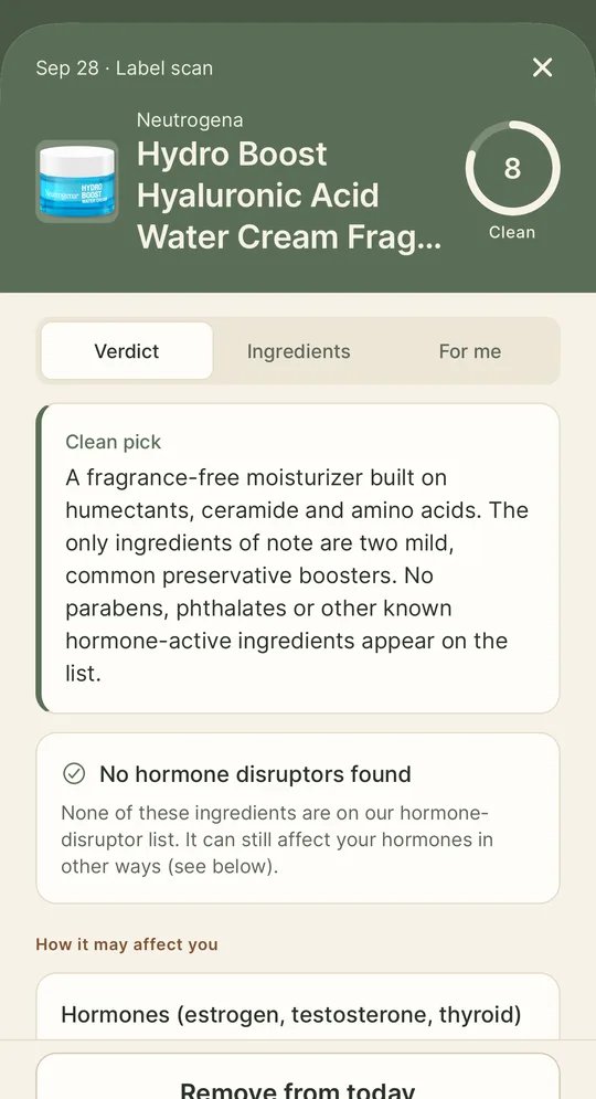 ToxFree scan of Neutrogena Hydro Boost Water Cream Fragrance Free scoring 8 out of 10, Clean